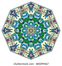 Mandala flower decoration, doodle round ornament, isolated design element on white background. Vector geometric floral pattern. Tribal ethnic arabic, indian, turkish motif