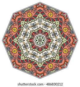 Mandala flower decoration, doodle round ornament, isolated design element on white background. Vector geometric floral pattern. Tribal ethnic arabic, indian, turkish motif