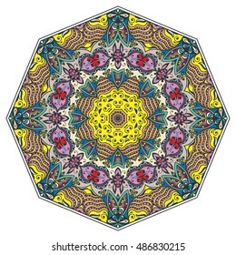 Mandala flower decoration, doodle round ornament, isolated design element on white background. Vector geometric floral pattern. Tribal ethnic arabic, indian, turkish motif