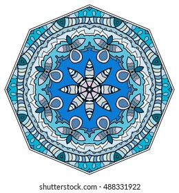 Mandala flower decoration, doodle round ornament, isolated design element on white background. Vector geometric floral pattern. Tribal ethnic arabic, indian, turkish motif
