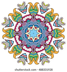 Mandala flower decoration, doodle round ornament, isolated design element on white background. Vector geometric floral pattern. Tribal ethnic arabic, indian, turkish motif