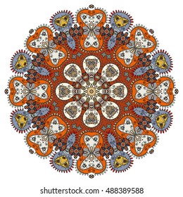 Mandala flower decoration, doodle round ornament, isolated design element on white background. Vector geometric floral pattern. Tribal ethnic arabic, indian, turkish motif