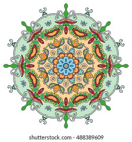 Mandala flower decoration, doodle round ornament, isolated design element on white background. Vector geometric floral pattern. Tribal ethnic arabic, indian, turkish motif