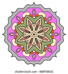 Mandala flower decoration, doodle round ornament, isolated design element on white background. Vector geometric floral pattern. Tribal ethnic arabic, indian, turkish motif