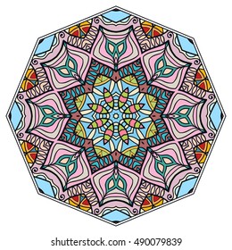 Mandala flower decoration, doodle round ornament, isolated design element on white background. Vector geometric floral pattern. Tribal ethnic arabic, indian, turkish motif