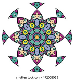 Mandala flower decoration, doodle round ornament, isolated design element on white background. Vector geometric floral pattern. Tribal ethnic arabic, indian, turkish motif