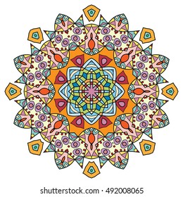Mandala flower decoration, doodle round ornament, isolated design element on white background. Vector geometric floral pattern. Tribal ethnic arabic, indian, turkish motif