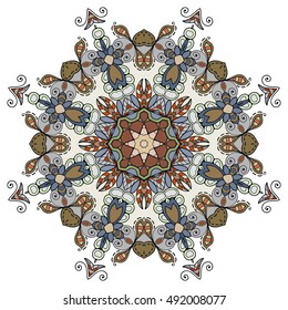 Mandala flower decoration, doodle round ornament, isolated design element on white background. Vector geometric floral pattern. Tribal ethnic arabic, indian, turkish motif
