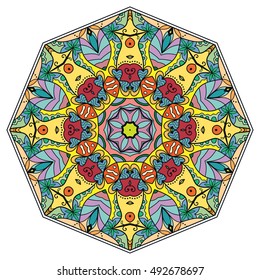 Mandala flower decoration, doodle round ornament, isolated design element on white background. Vector geometric floral pattern. Tribal ethnic arabic, indian, turkish motif