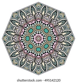 Mandala flower decoration, doodle round ornament, isolated design element on white background. Vector geometric floral pattern. Tribal ethnic arabic, indian, turkish motif