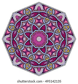 Mandala flower decoration, doodle round ornament, isolated design element on white background. Vector geometric floral pattern. Tribal ethnic arabic, indian, turkish motif
