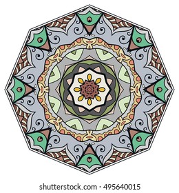 Mandala flower decoration, doodle round ornament, isolated design element on white background. Vector geometric floral pattern. Tribal ethnic arabic, indian, turkish motif