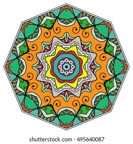 Mandala flower decoration, doodle round ornament, isolated design element on white background. Vector geometric floral pattern. Tribal ethnic arabic, indian, turkish motif