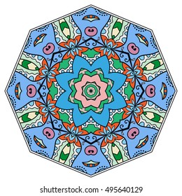 Mandala flower decoration, doodle round ornament, isolated design element on white background. Vector geometric floral pattern. Tribal ethnic arabic, indian, turkish motif