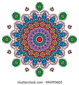 Mandala flower decoration, doodle round ornament, isolated design element on white background. Vector geometric floral pattern. Tribal ethnic arabic, indian, turkish motif
