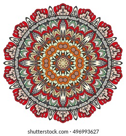 Mandala flower decoration, doodle round ornament, isolated design element on white background. Vector geometric floral pattern. Tribal ethnic arabic, indian, turkish motif