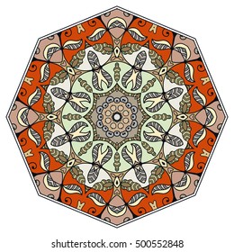 Mandala flower decoration, doodle round ornament, isolated colorful design element on a white background. Vector geometric circular floral pattern. Tribal ethnic arabic, indian, turkish motif
