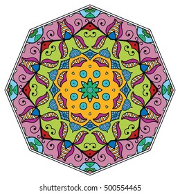 Mandala flower decoration, doodle round ornament, isolated colorful design element on a white background. Vector geometric circular floral pattern. Tribal ethnic arabic, indian, turkish motif