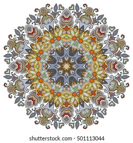Mandala flower decoration, doodle round ornament, isolated colorful design element on a white background. Vector geometric circular floral pattern. Tribal ethnic arabic, indian, turkish motif