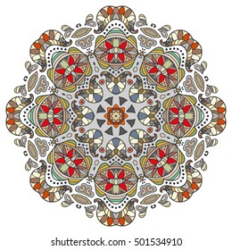 Mandala flower decoration, doodle round ornament, isolated colorful design element on a white background. Vector geometric circular floral pattern. Tribal ethnic arabic, indian, turkish motif