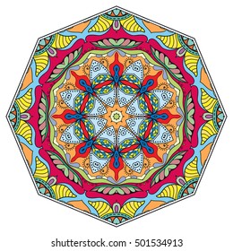 Mandala flower decoration, doodle round ornament, isolated colorful design element on a white background. Vector geometric circular floral pattern. Tribal ethnic arabic, indian, turkish motif