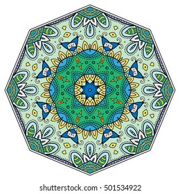 Mandala flower decoration, doodle round ornament, isolated colorful design element on a white background. Vector geometric circular floral pattern. Tribal ethnic arabic, indian, turkish motif