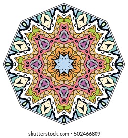 Mandala flower decoration, doodle round ornament, isolated colorful design element on a white background. Vector geometric circular floral pattern. Tribal ethnic arabic, indian, turkish motif