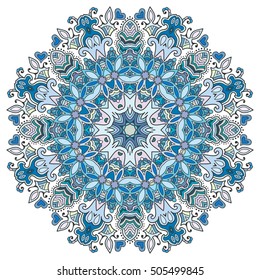 Mandala flower decoration, doodle round ornament, isolated colorful design element on a white background. Vector geometric circular floral pattern. Tribal ethnic arabic, indian, turkish motif
