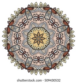 Mandala flower decoration, doodle round ornament, isolated colorful design element on a white background. Vector geometric circular floral pattern. Tribal ethnic arabic, indian, turkish motif