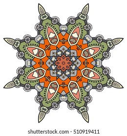 Mandala flower decoration, doodle round ornament, isolated colorful design element on a white background. Vector geometric circular floral pattern. Tribal ethnic arabic, indian, turkish motif