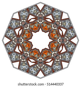 Mandala flower decoration, doodle round ornament, isolated colorful design element on a white background. Vector geometric circular floral pattern. Tribal ethnic arabic, indian, turkish motif