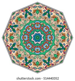 Mandala flower decoration, doodle round ornament, isolated colorful design element on a white background. Vector geometric circular floral pattern. Tribal ethnic arabic, indian, turkish motif