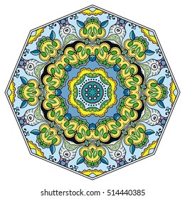 Mandala flower decoration, doodle round ornament, isolated colorful design element on a white background. Vector geometric circular floral pattern. Tribal ethnic arabic, indian, turkish motif
