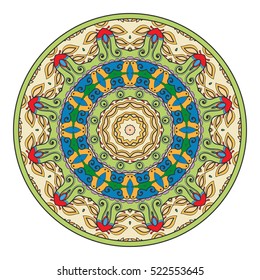 Mandala flower decoration, doodle round ornament, isolated colorful design element on a white background. Vector geometric circular floral pattern. Tribal ethnic arabic, indian, turkish motif
