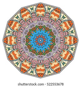 Mandala flower decoration, doodle round ornament, isolated colorful design element on a white background. Vector geometric circular floral pattern. Tribal ethnic arabic, indian, turkish motif