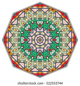 Mandala flower decoration, doodle round ornament, isolated colorful design element on a white background. Vector geometric circular floral pattern. Tribal ethnic arabic, indian, turkish motif