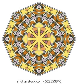 Mandala flower decoration, doodle round ornament, isolated colorful design element on a white background. Vector geometric circular floral pattern. Tribal ethnic arabic, indian, turkish motif