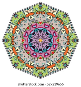 Mandala flower decoration, doodle round ornament, isolated colorful design element on a white background. Vector geometric circular floral pattern. Tribal ethnic arabic, indian, turkish motif