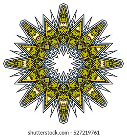 Mandala flower decoration, doodle round ornament, isolated colorful design element on a white background. Vector geometric circular floral pattern. Tribal ethnic arabic, indian, turkish motif