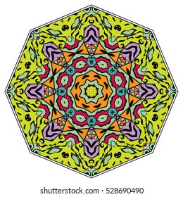 Mandala flower decoration, doodle round ornament, isolated colorful design element on a white background. Vector geometric circular floral pattern. Tribal ethnic arabic, indian, turkish motif