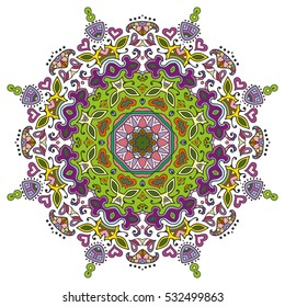 Mandala flower decoration, doodle round ornament, isolated colorful design element on a white background. Vector geometric circular floral pattern. Tribal ethnic arabic, indian, turkish motif