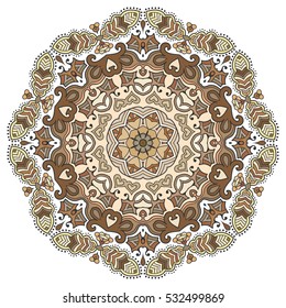 Mandala flower decoration, doodle round ornament, isolated colorful design element on a white background. Vector geometric circular floral pattern. Tribal ethnic arabic, indian, turkish motif