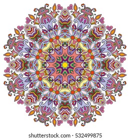 Mandala flower decoration, doodle round ornament, isolated colorful design element on a white background. Vector geometric circular floral pattern. Tribal ethnic arabic, indian, turkish motif