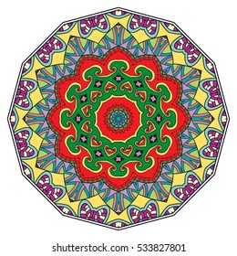 Mandala flower decoration, doodle round ornament, isolated colorful design element on a white background. Vector geometric circular floral pattern. Tribal ethnic arabic, indian, turkish motif