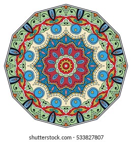 Mandala flower decoration, doodle round ornament, isolated colorful design element on a white background. Vector geometric circular floral pattern. Tribal ethnic arabic, indian, turkish motif