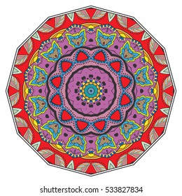 Mandala flower decoration, doodle round ornament, isolated colorful design element on a white background. Vector geometric circular floral pattern. Tribal ethnic arabic, indian, turkish motif