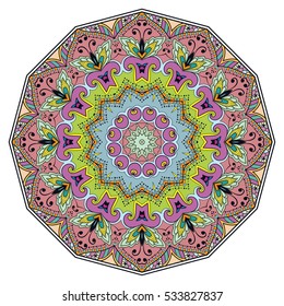 Mandala flower decoration, doodle round ornament, isolated colorful design element on a white background. Vector geometric circular floral pattern. Tribal ethnic arabic, indian, turkish motif