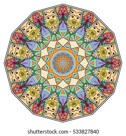 Mandala flower decoration, doodle round ornament, isolated colorful design element on a white background. Vector geometric circular floral pattern. Tribal ethnic arabic, indian, turkish motif