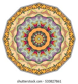 Mandala flower decoration, doodle round ornament, isolated colorful design element on a white background. Vector geometric circular floral pattern. Tribal ethnic arabic, indian, turkish motif