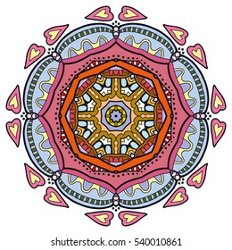 Mandala flower decoration, doodle round ornament, isolated colorful design element on a white background. Vector geometric circular floral pattern. Tribal ethnic arabic, indian, turkish motif